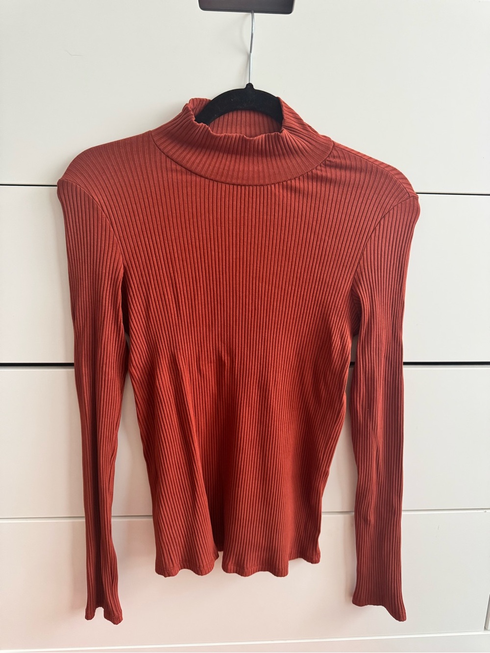Mango Ribbed Mock Neck Long Sleeve Top - Rust Orange